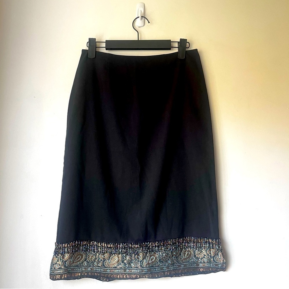 Vintage 90s Y2K Reference Black Ribbon Beaded Trim Pencil Skirt L